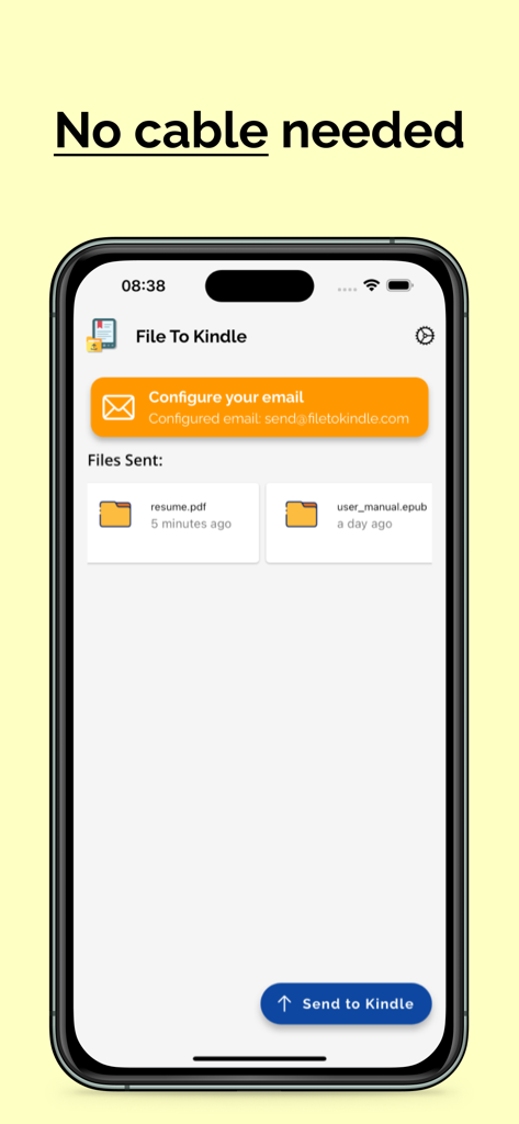 送信されたEPUBおよびPDFドキュメントを示すKindle用のワイヤレスファイル転送画面