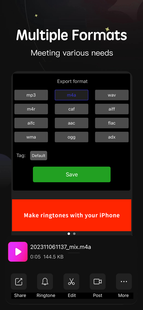 Audio Editor - Music Mixer - Audio Editor app interface showing multiple export formats including mp3 wav and m4a for music and ringtones