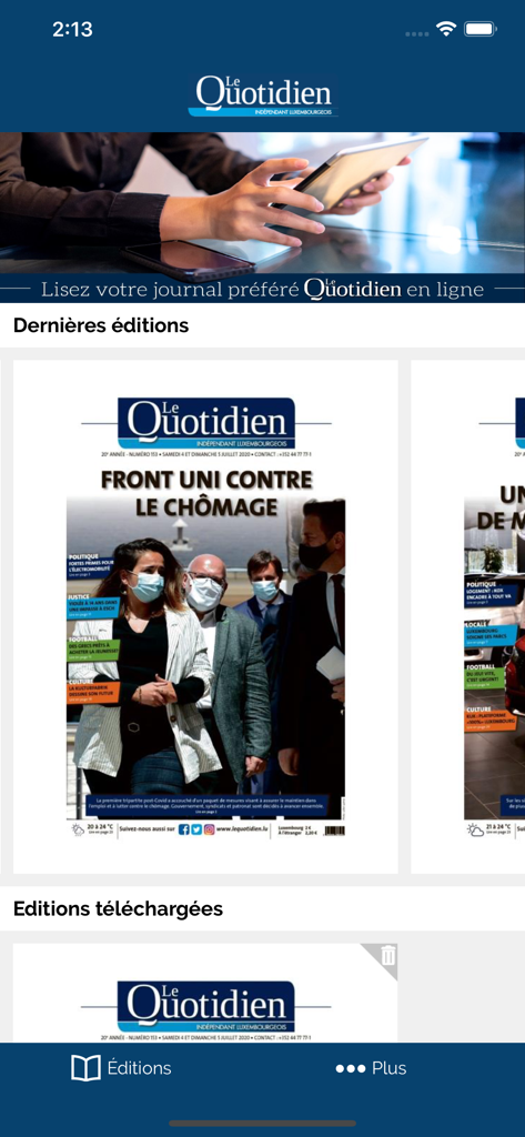 Le Quotidien ePaper - Home screen of Le Quotidien ePaper app featuring the latest newspaper editions and digital reading options.