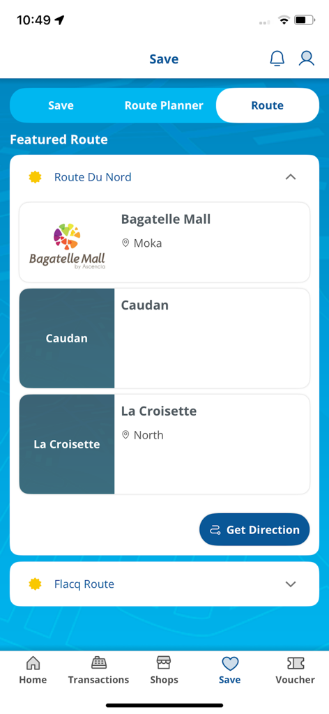 MCCI Tax Free Shopping - MCCI Tax Free Shopping app interface showing a featured shopping route planner with popular Mauritian malls like Bagatelle Mall and Caudan Waterfront.
