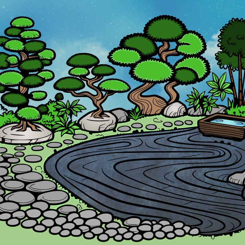 a serene zen garden with raked gravel, bonsai trees, and tranquil ponds