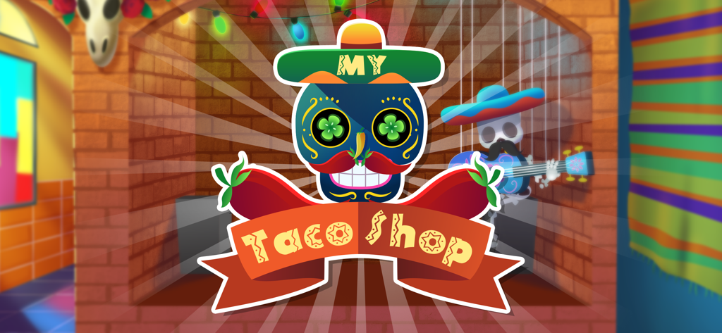 My Taco Shop: Chef Game - Écran titre du jeu My Taco Shop Chef avec un crâne de sucre coloré et des piments