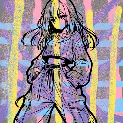 anime teen girl with baggy pants and crop top with sweater