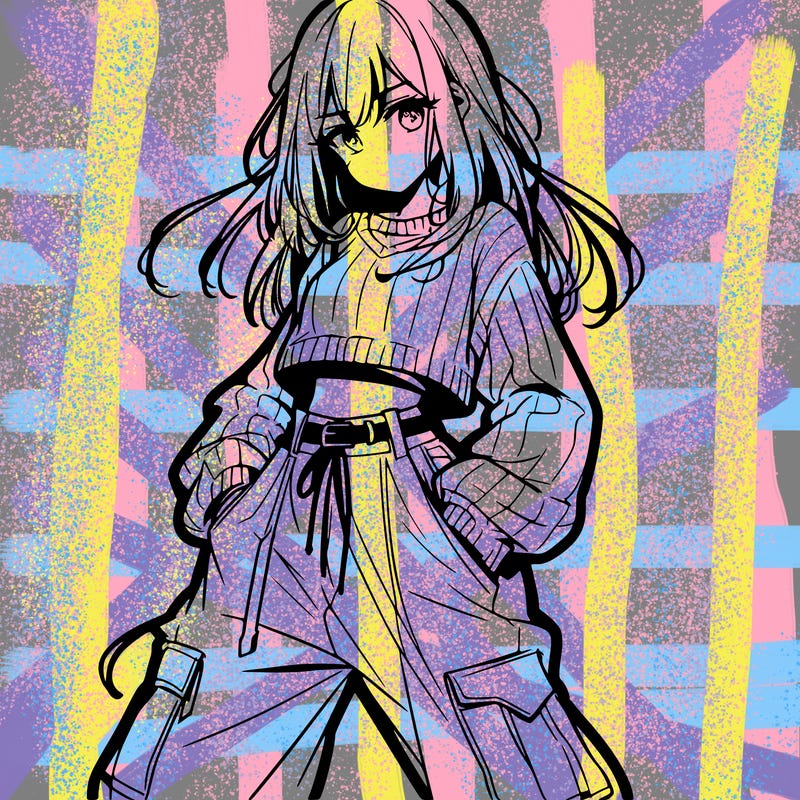 anime teen girl with baggy pants and crop top with sweater