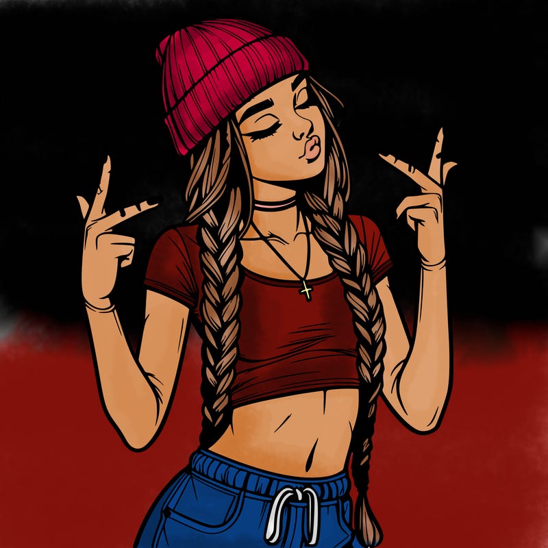 realistic teenage girl with braids and a beanie and crop top doing 🫶🏼