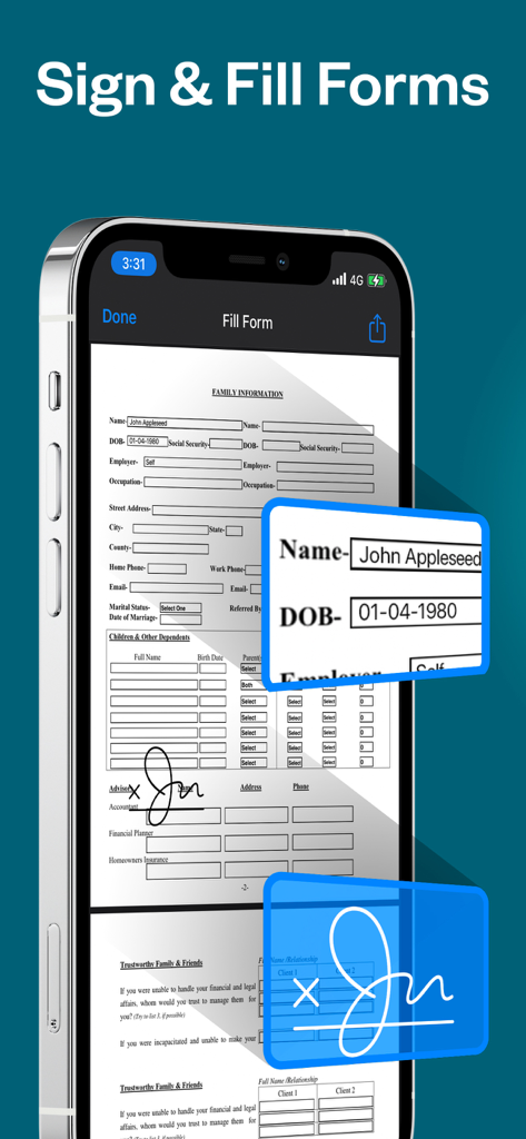 PDF Office Pro, Acrobat Expert - Ein iPhone zeigt ein PDF-Dokument mit Texteingabefeldern und einer digitalen Signatur