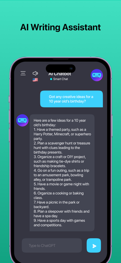 AI Chat Chatbot - Pantalla del Chatbot de IA que muestra una lista de ideas creativas para un cumpleaños de un niño de 10 años