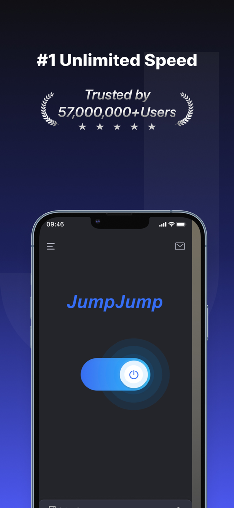JumpJumpVPN Mobile App-Oberfläche mit einer Ein-Tipp-Verbindungsschaltfläche und dem Anspruch auf hohe Geschwindigkeit