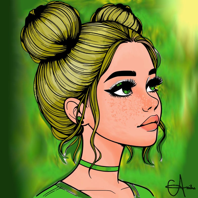 realistic girl with buns on the top of her head