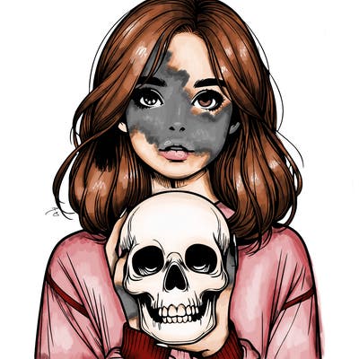realistic girl holding a skull