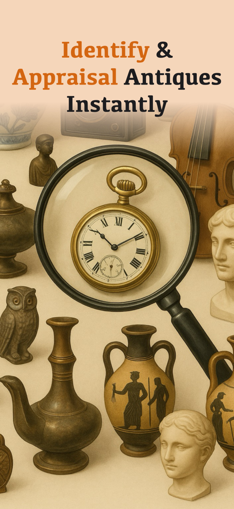 Magnifying glass focusing on a gold pocket watch surrounded by various antique artifacts and vases.