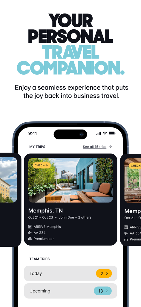 Engine Corporate Travel - Engine Corporate Travel mobile app interface displaying personal trip details and team travel status