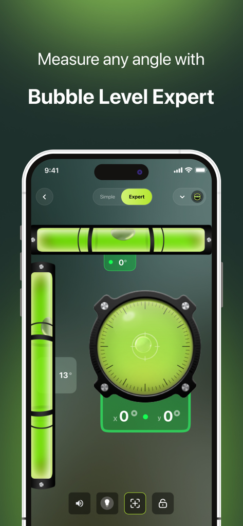 Bubble Level for iPhone - 度数測定値付きの水平および垂直アライメントレベルを表示するiPhone上のバブルレベルエキスパートアプリインターフェイス