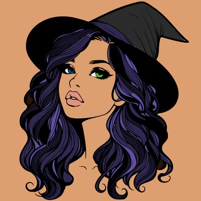 realistic witch girl with wavy hair and lips