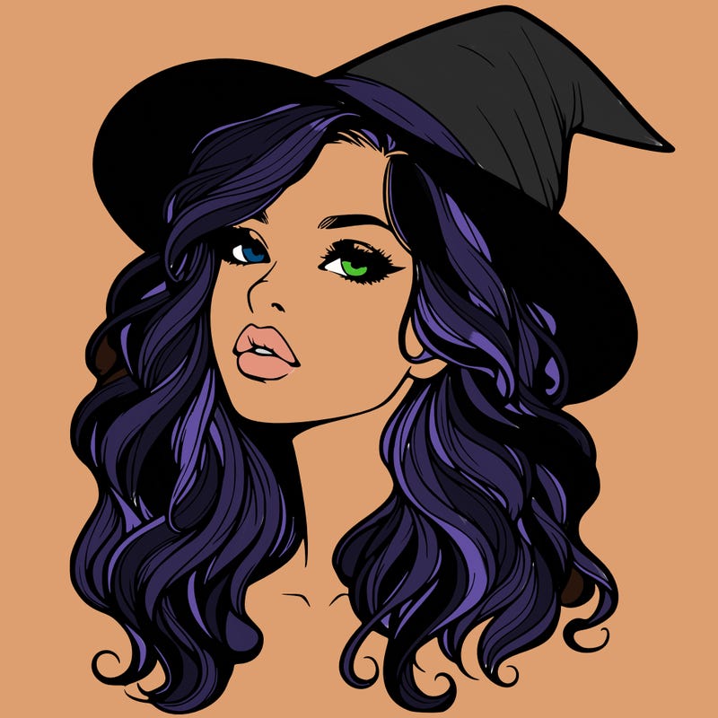 realistic witch girl with wavy hair and lips