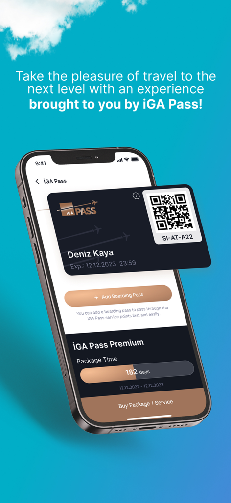 イスタンブール空港アプリに、QRコード付きのiGAパスプレミアム会員カードが表示されています。