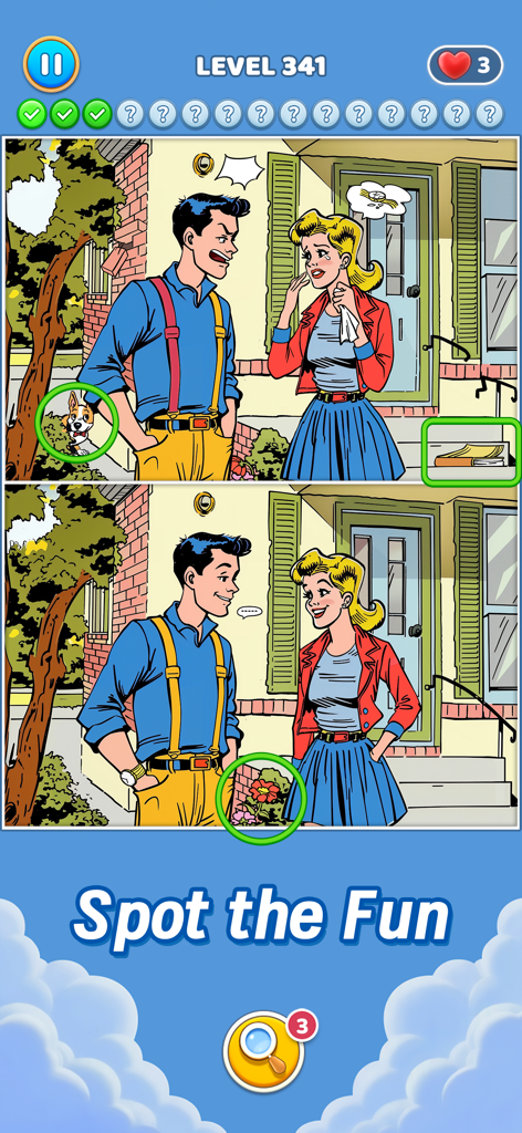 Differences - Spot & Search It - A gameplay screenshot of the Differences mobile game showing two similar comic book illustrations where players must find subtle changes.