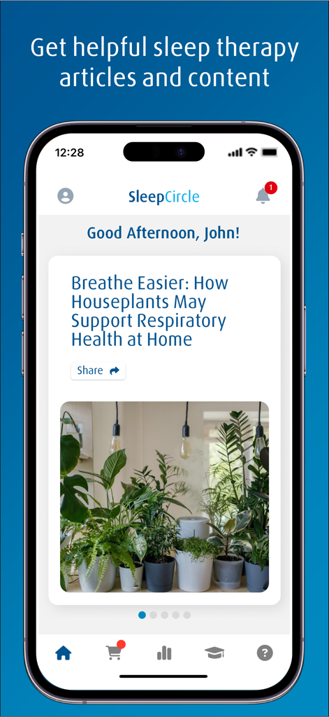 SleepCircle app interface featuring a sleep therapy article on respiratory health.