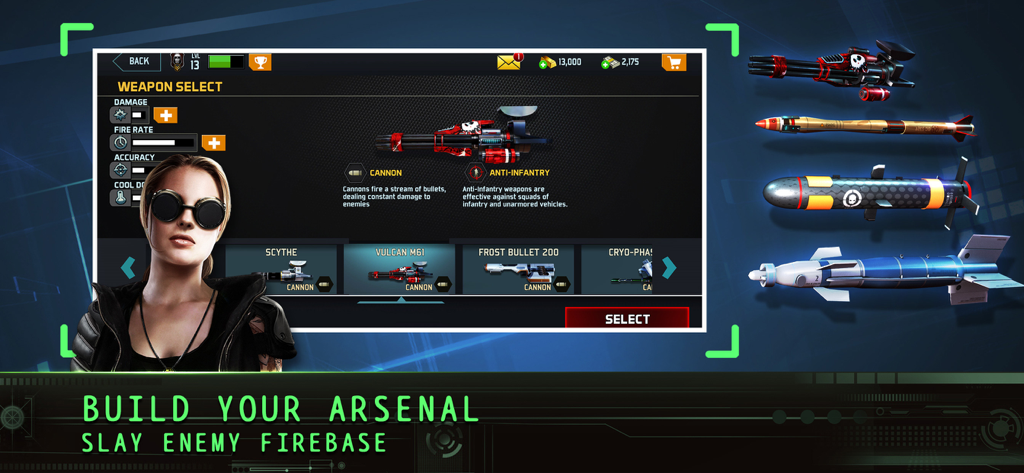 Drone : Shadow Strike - Waffenauswahlbildschirm in Drone Shadow Strike, der die Vulcan M61-Kanone und verschiedene militärische Upgrades zeigt.