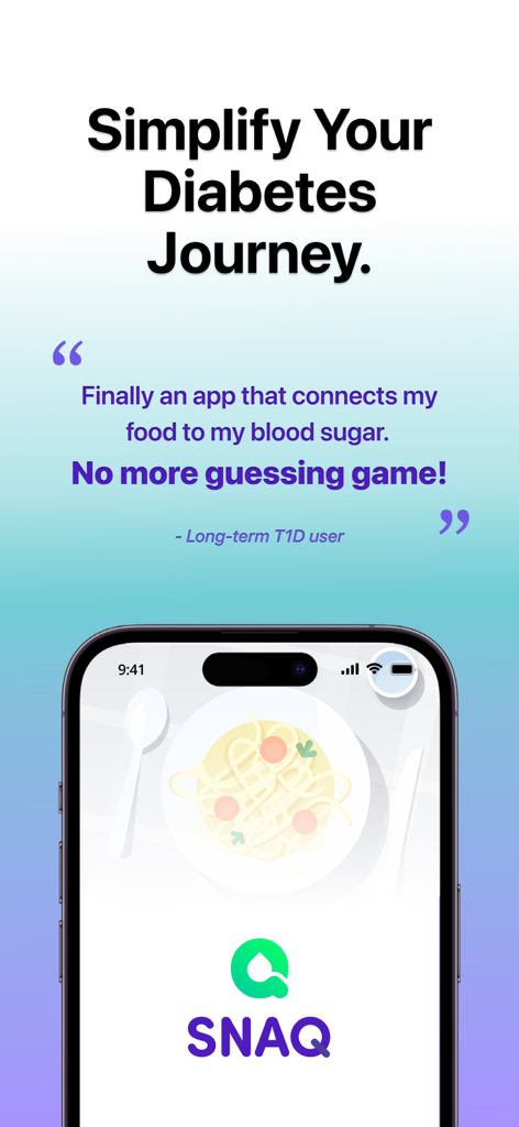 SNAQ app interface showing food tracking and a user testimonial about simplifying glucose management.