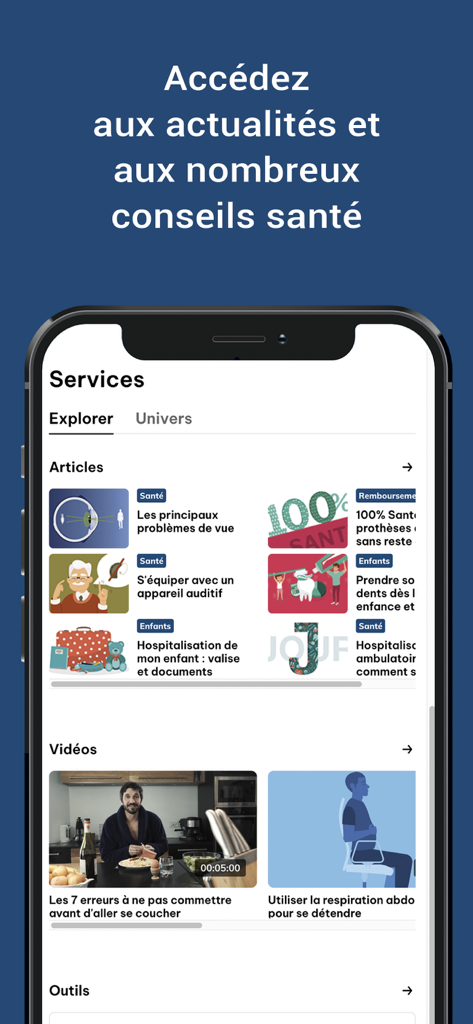 La Mutuelle Verte - L'interface des services de l'application La Mutuelle Verte présentant des articles sur la santé et des vidéos de bien-être