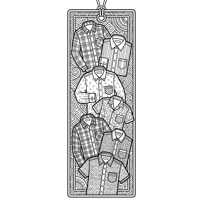 Dive into the world of men's fashion with this unique bookmark coloring page, featuring an array of stylish shirts. Perfect for a relaxing creative break, you can bring these designs to life with your favorite colors and then use them to mark your place in your favorite book.