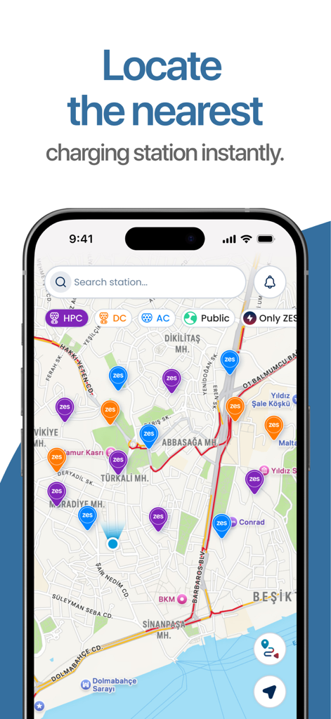 Zes-EV Station Network - Map interface of the Zes app showing various electric vehicle charging stations and search filters