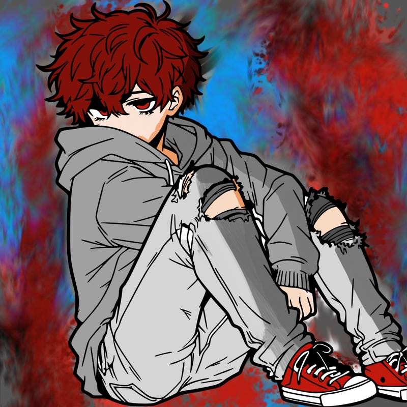 a male hoddie ripped jeans messy hair anime