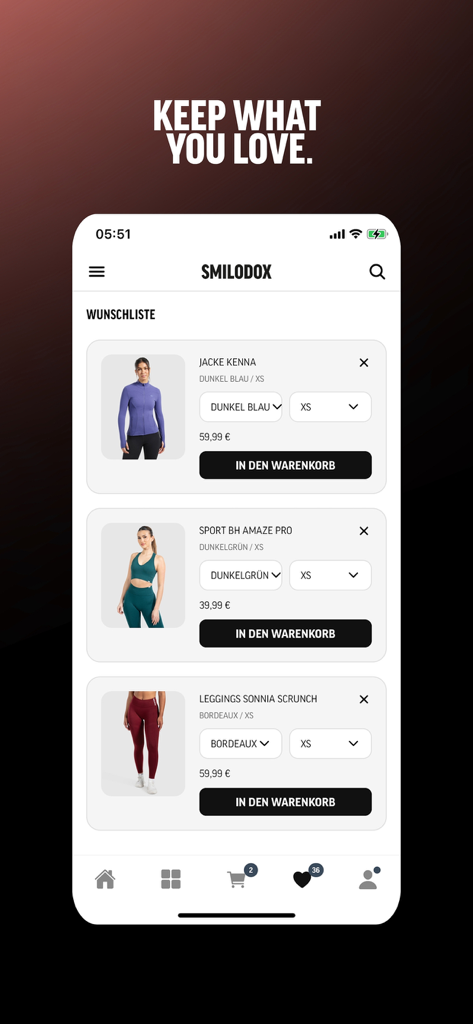 Smilodox - Interfaz de lista de deseos de la app Smilodox mostrando artículos de ropa deportiva como un sujetador deportivo y leggings con opciones para añadir al carrito.