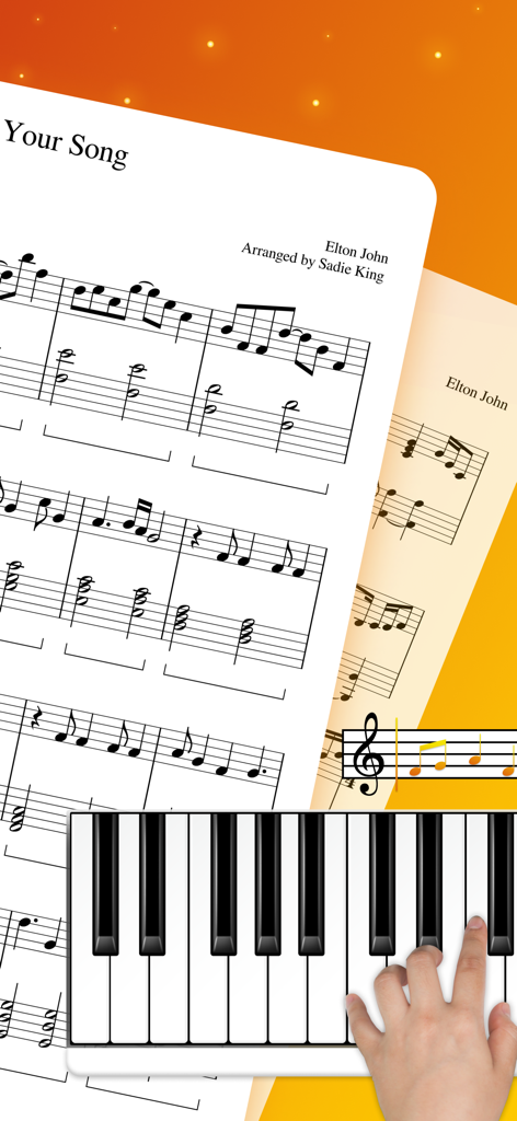 A hand playing a virtual piano keyboard with sheet music on a mobile app screen