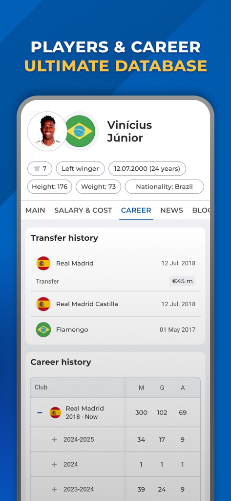 Madrid Live - For Real Fans - Schermata dell'app mobile che mostra il profilo del giocatore Vinícius Júnior con statistiche di carriera e storico dei trasferimenti per i tifosi del Real Madrid