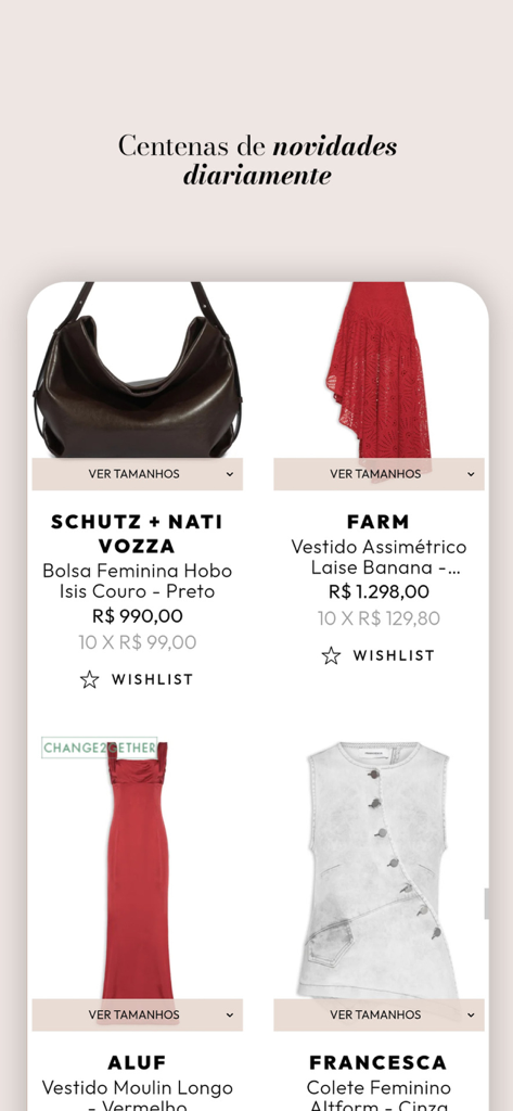Shop2gether - Interface do aplicativo Shop2gether exibindo uma seleção curada de itens de moda de luxo, incluindo bolsas e vestidos de grife
