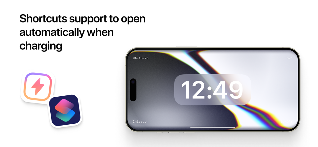 iPhone displaying the Clocks app in landscape mode with iOS Shortcuts integration for automatic opening when charging