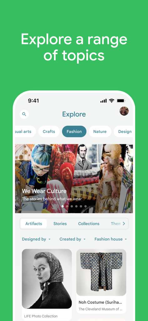 Google Arts & Culture - Interfaz de la aplicación Google Arts and Culture que muestra la página de exploración con diversos temas, incluyendo moda e historia del arte