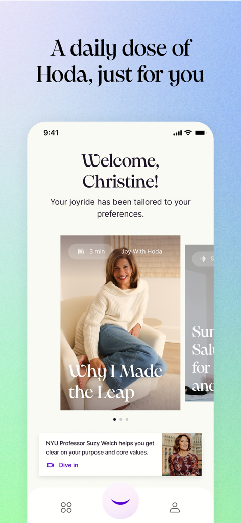 호다 코트브와 개인 맞춤형 기쁨 계획이 포함된 Joy 101 앱 환영 화면