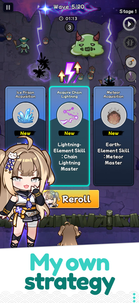 Gameplay screenshot of Ninja Defenders showing three skill cards and an anime style character on a roguelike selection screen