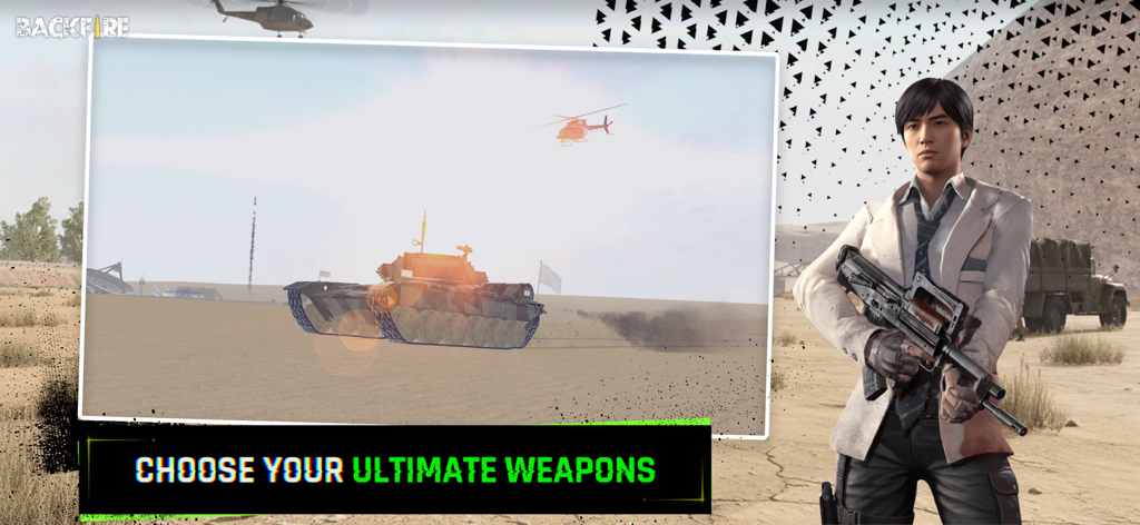 RH3: Backfire - A character holding a rifle next to a tank and helicopter in a desert landscape