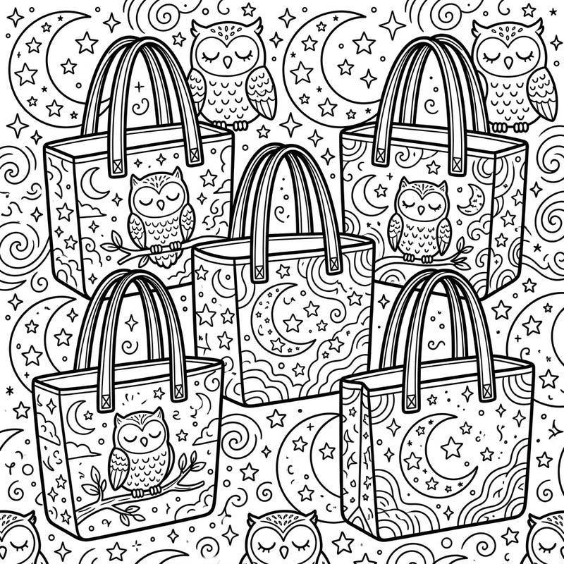Explore a magical night with this unique coloring page featuring stylish tote bags adorned with crescent moons and twinkling stars. Discover charming sleeping owls nestled among celestial patterns, ready for your creative touch.