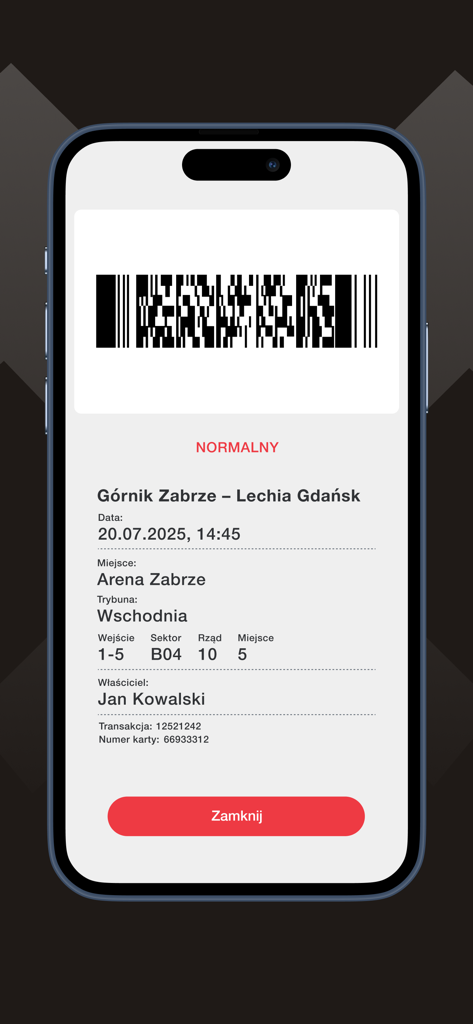 Bilety Górnik Zabrze - Digital match ticket for Gornik Zabrze vs Lechia Gdansk with a barcode and seat information.