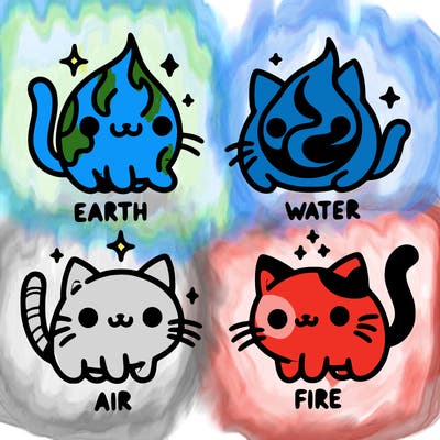4 cats that represent the different elements, earth, water, air, and fire