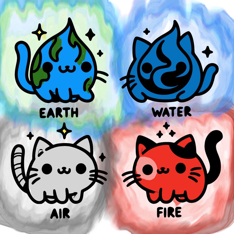 4 cats that represent the different elements, earth, water, air, and fire
