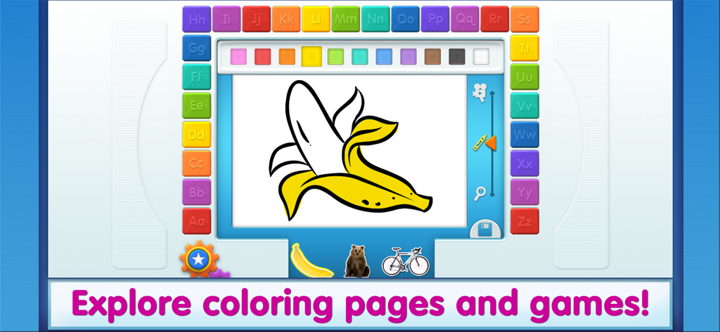 A digital coloring page from the Elmo Loves ABCs Lite app featuring a banana and colorful alphabet buttons