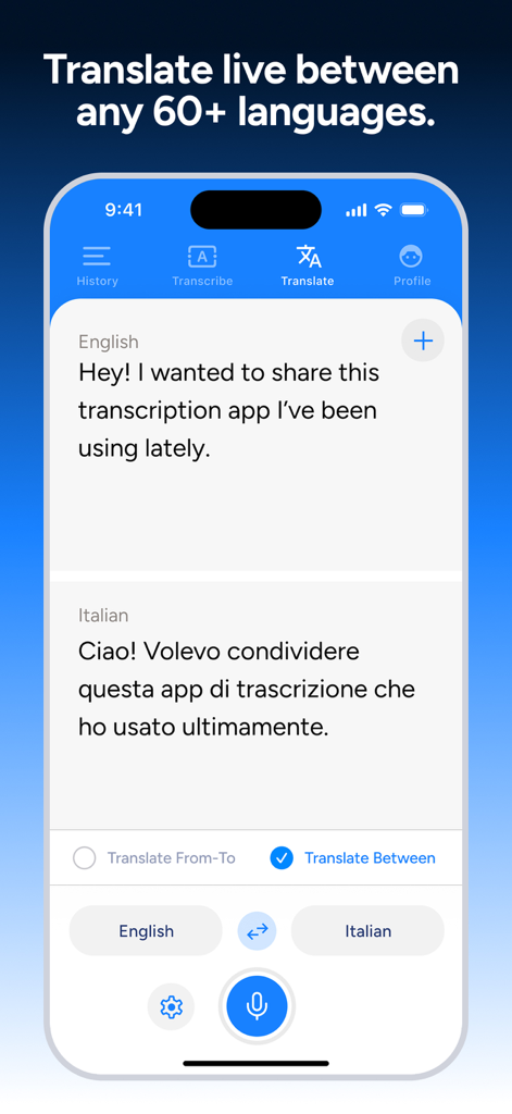 Interfaz de la aplicación Soniox mostrando traducción de voz en vivo entre inglés e italiano.