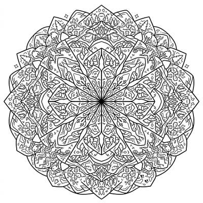 Immerse yourself in the breathtaking beauty of nature with this intricate Forested Valleys Mandala coloring page. Discover a serene design filled with symmetrical patterns of trees, foliage, and winding paths, perfect for a relaxing creative escape.