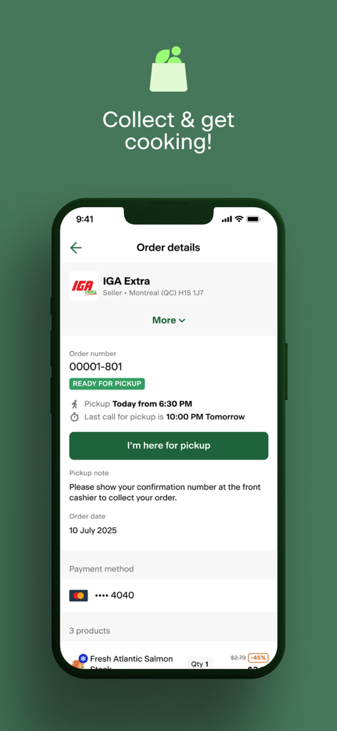 FoodHero app order details screen showing a grocery order ready for pickup at an IGA Extra store