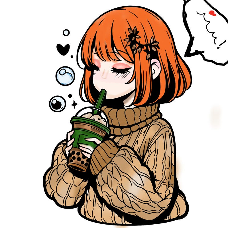 manga girl drinking boba in cozy sweater