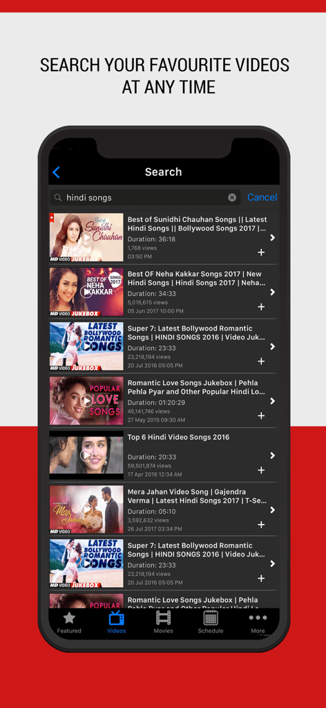 IndiaTVShowz - Bollywood App - Search screen of IndiaTVShowz app displaying a list of popular Hindi Bollywood songs
