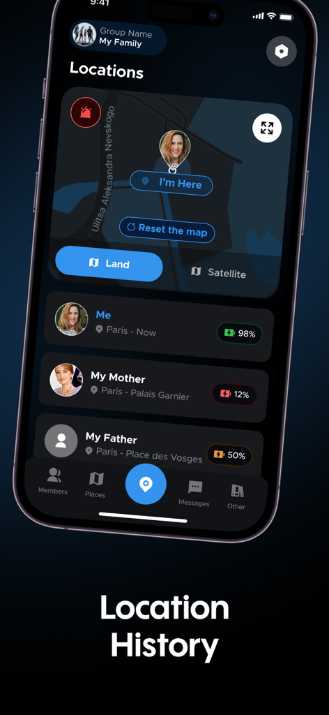 Locary - Find Family Location - Locary app interface showing real-time family member locations and battery statuses on a map.