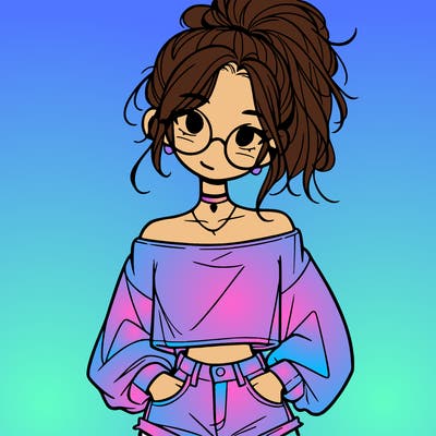 girl with a messy ponytail glasses a baggy crop top and jean shorts