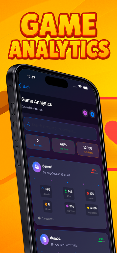 Tabletop Themes Managing - Tabletop Themes Managing app game analytics dashboard showing win rates and session statistics